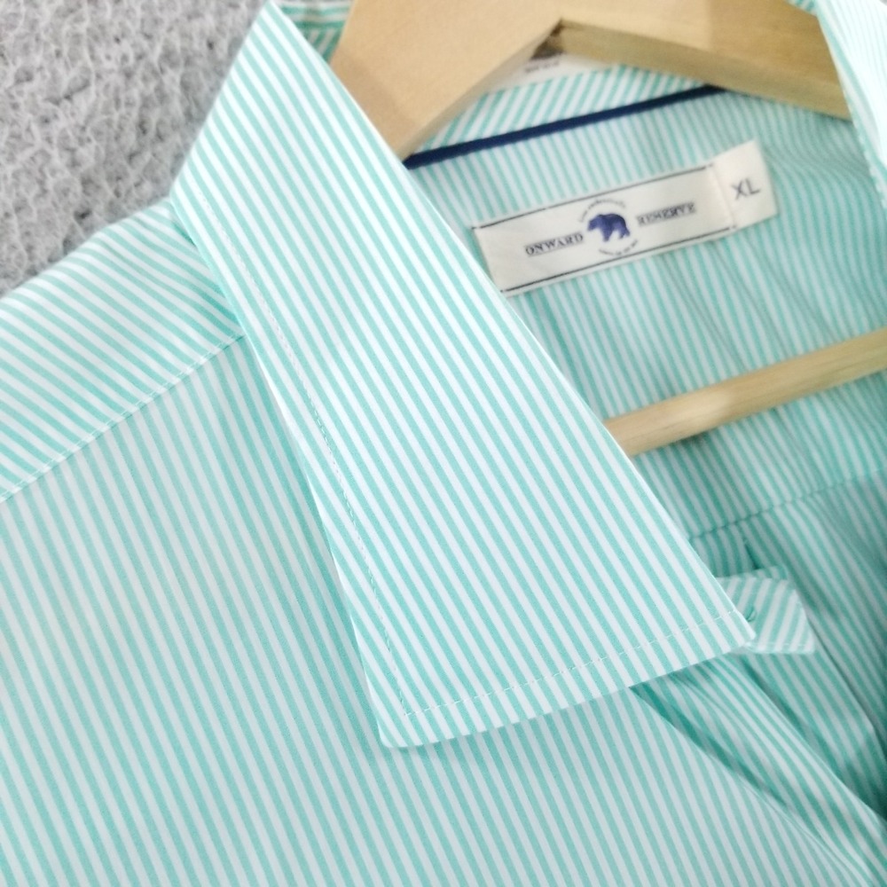 Onward Reserve Shirt Mens XL Green Striped Tailored Fit Non Iron Performance